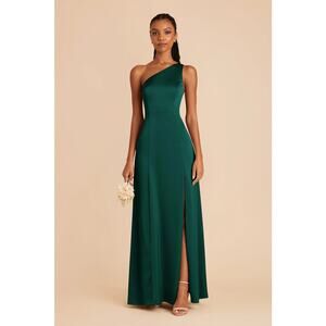Kira Dress Matte Satin Emerald One Shoulder Slit Gown Bridesmaid Women Size S